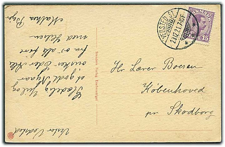 15 øre Chr. X på brevkort annulleret med brotype Ia Vedsted St. d. 23.12.1921 til Københoved pr. Skodborg.