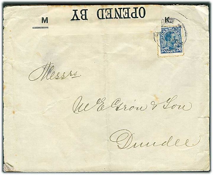 20 øre Chr. X på brev annulleret med svagt stempel i Kjøbenhavn til Dundee, Scotland. Åbnet af britisk censur no. 999.