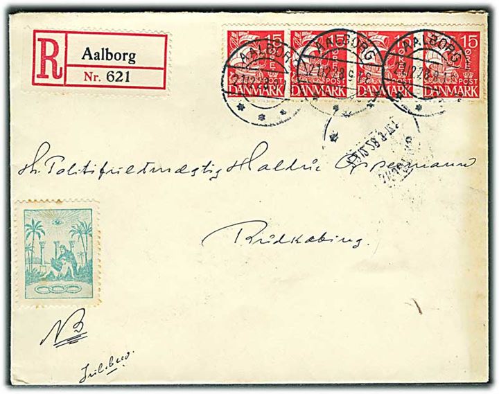 15 øre Karavel i 4-stribe på anbefalet brev fra Aalborg d. 21.12.1928 til Rudkøbing.