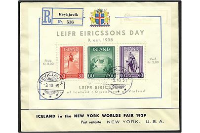 Leifr Eiricssins blok på Rec. brev fra Reykjavik, Island, d. 9.10.1938 til New York, USA.