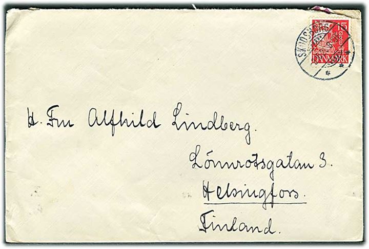15 øre Karavel på brev annulleret med brotype Ia Skodsborg d. 3.10.1929 til Helsingfors, Finland.