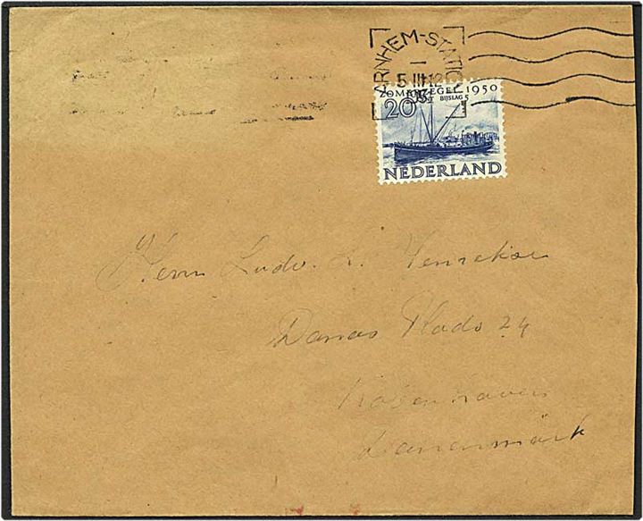 20 cent blå på brev fra Arnhem, Holland, d. 5.3.1951 til København.