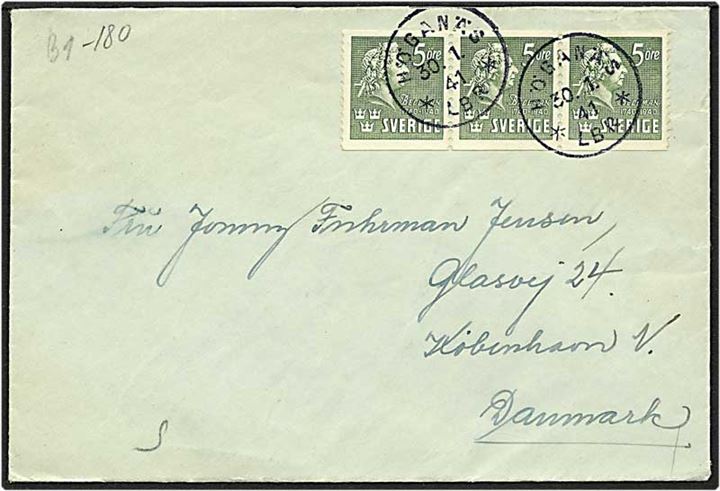5 øre grøn Beccman på brev fra Höganäs, Sverige, d. 31.1.1941 til København. Dansk censur.