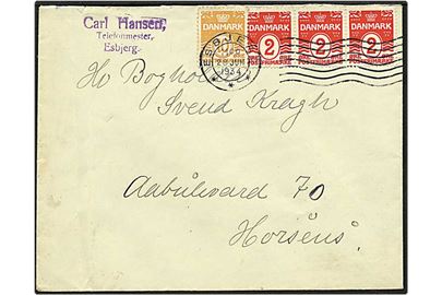 10 øre orange, tysk papir, samt 2 øre rød bølgelinie på brev fra Esbjerg d. 28.6.1938 til Horsens.