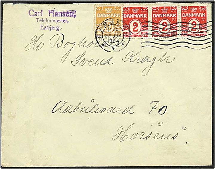 10 øre orange, tysk papir, samt 2 øre rød bølgelinie på brev fra Esbjerg d. 28.6.1938 til Horsens.