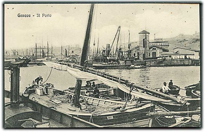 Genova. Havneparti med skibe. VAT no. 7708.