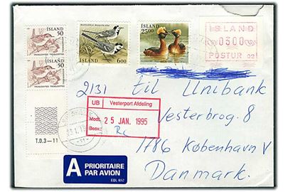 50 aur (par), 6 kr. og 25 kr. Fugle, samt 3 kr. posthusfranko på luftpostbrev fra Reykjavik d. 23.1.1995 til København, Danmark.