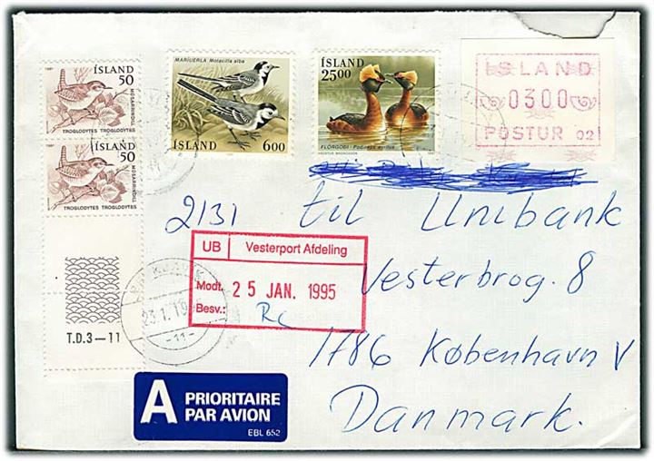 50 aur (par), 6 kr. og 25 kr. Fugle, samt 3 kr. posthusfranko på luftpostbrev fra Reykjavik d. 23.1.1995 til København, Danmark.
