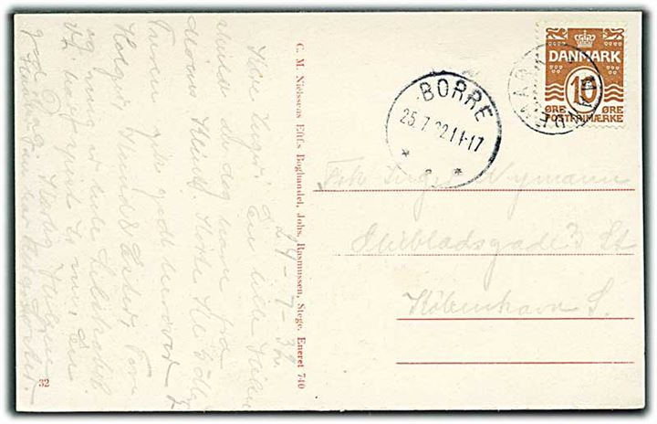 10 øre Bølgelinie på brevkort annulleret med udslebet stjernestempel MANDEMARK og sidestemplet Borre d. 25.7.1932 til København.