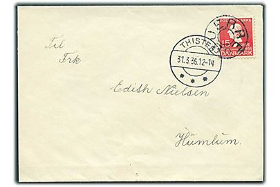 15 øre H.C.Andersen på brev annulleret med udslebet stjernestempel BJERRE og sidestemplet Thisted d. 31.3.1936 til Humlum. Afkortet i venstre side.