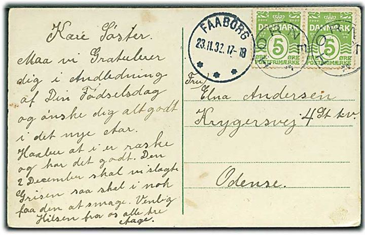 5 øre Bølgelinie i parstykke på brevkort annulleret med udslebet stjernestempel HORNE og sidestemplet Faaborg d. 23.11.1932 til Odense.