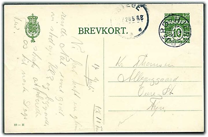10 øre helsagsbrevkort (fabr. 89-H) annulleret med stjernestempel HJERTEBJERG og sidestemplet Stege d. 16.7.1928 til Oure St.