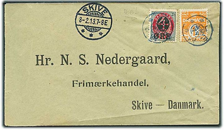1 øre Bølgelinie og 4/8 øre Provisorium - AFA 46B - på brev annulleret med stjernestempel LEM og sidestemplet Skive d. 8.2.1913 til Skive.