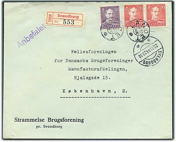 10 øre og 20 øre (par) Chr. X på anbefalet brev annulleret med stjernestempel LANDET og sidestemplet Svendborg d. 25.11.1944 til København.