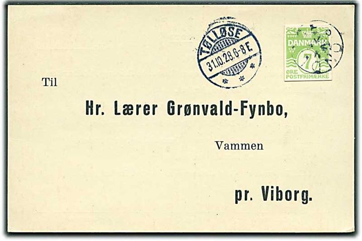 7 øre helsagsafklip som frankering på tryksags-brevkort annulleret med stjernestempel ONDLØSE og sidestemplet Tølløse d. 31.10.1928 til Vammen pr. Viborg.