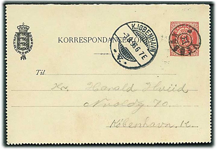 8 øre helsags korrespondancekort annulleret med stjernestempel VEDBÆK og sidestemplet Kjøbenhavn d. 3.8.1896 til København.