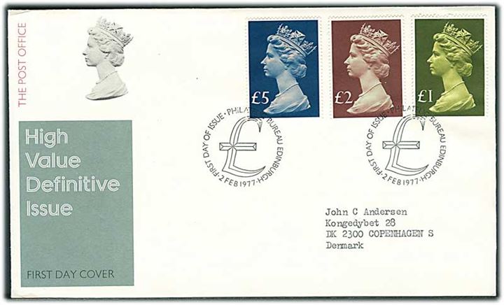 £1, £2 og £5 Elizabeth på illustreret FDC fra Edinburgh d. 2.2.1977 til København, Danmark.
