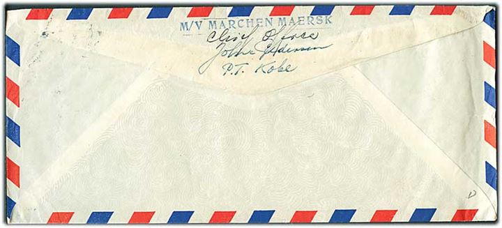 Amerikansk 5 cents luftpost på fortrykt kuvert fra Moller Steamship Company annulleret med feltpoststempel U.S.Army Postal Service A.P.O. 7 BPO til Hayward, USA. Fra sømand ombord på A.P.Møller skibet M/S Marchen Mærsk i Kobe, Japan.