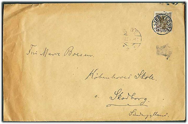 20 øre Chr. X single på brev annulleret med stjernestempel VESTER VEDSTED og sidestemplet Ribe d. 18.3.1926 til Københoved skole pr. Skodborg.