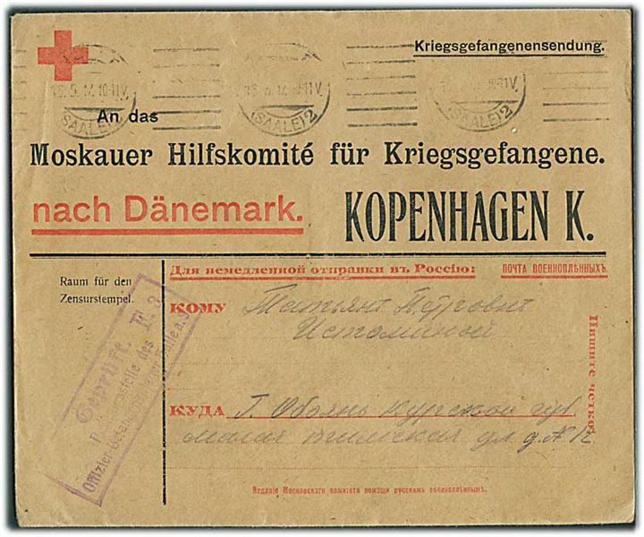 Ufrankeret fortrykt krigsfangeforsendelse fra Halle d. 16.5.1917 til Moskauer Hilfskomité i København, Danmark. Violet lejrcensur.