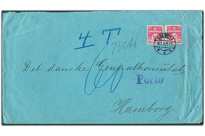 10 øre Bølgelinie (2) på underfrankeret brev fra Aalborg d. 1x.2.1913 til Hamburg, Tyskland. Udtakseret i 60 pfg. tysk porto.