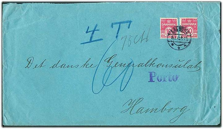 10 øre Bølgelinie (2) på underfrankeret brev fra Aalborg d. 1x.2.1913 til Hamburg, Tyskland. Udtakseret i 60 pfg. tysk porto.