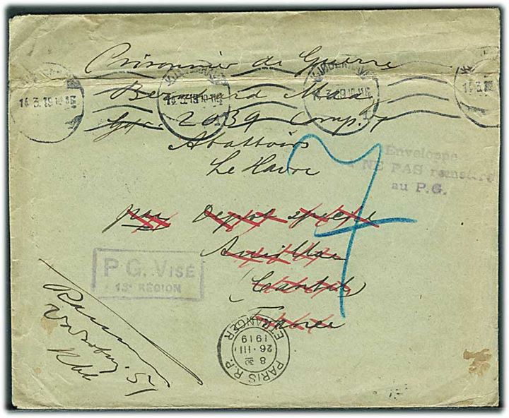 Ufrankeret krigsfangeforsendelse fra Kjøbenhavn d. 14.3.1919 til sønderjysk krigsfange i Le Havre via særlejren Aurillac, Frankrig. Fransk censur og flere påtegninger.