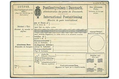 International Postanvisning - formular Nr. 15 fra 1890'erne. Ubrugt.