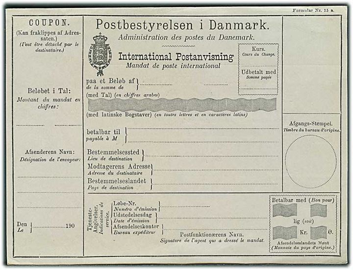 International Postanvisning - formular Nr. 15a fra 1900'erne. Ubrugt.