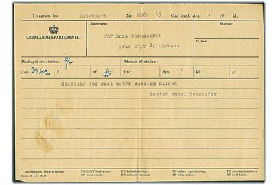 Grønlandsdepartementet telegramformular Form R.2d 9239 med julehilsen fra København til Jakobshavn i 1950'erne.