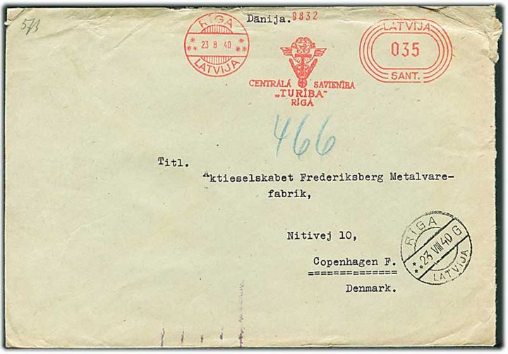 35 s. firmafranko på brev fra Riga d. 23.8.1940 til København, Danmark. Tysk censur fra Berlin og passér stemplet ved censuren i København.