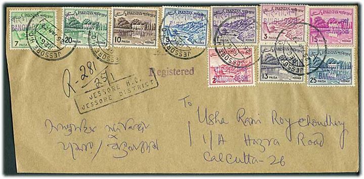 Bangladesh provisorier på anbefalet brev fra Jessore H.O. 1972 til Calcutta, Indien.
