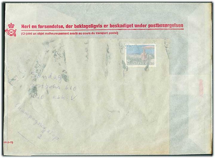 3,50 kr. Turisme på brev med stempel på bagsiden Indgået beskadiget 18 OKT 1991 og ilagt pergamyn kuvert.