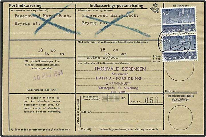 60 øre blå Selandia på postanvisning fra Silkeborg d. 2.5.1963 til Bryrup.