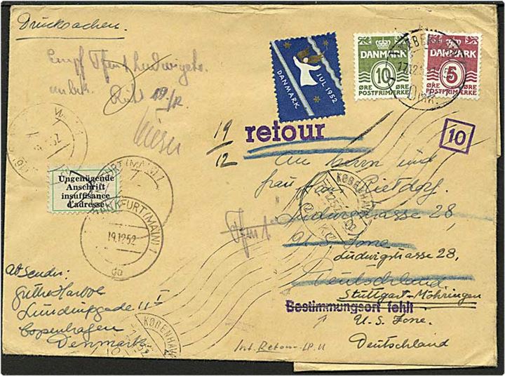 5 øre vinrød og 10 øre grøn bølgelinie på brev fra København d. 17.12.1952 til Stuttgart, Tyskland. Utilstrækkelig adresse, brevet returneret.