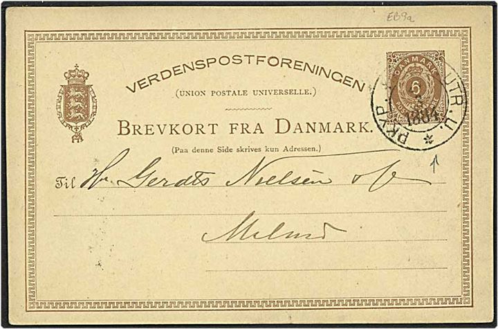 6 øre brun tofarvet enkeltbrevkort fra København d. 27.3.1884 til Malmø, Sverige. Helsagen afstemplet i Sverige.