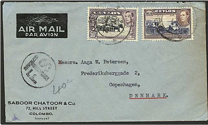 1 rupi og 50 cent på luftpostbrev fra Colombo, Ceylon, d. 9.8.1946 til København. Brevet sat i porto med 40 cent.