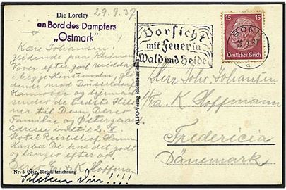 15 pfennig rødviolet på skibspost kort fra Bonn, Tyskland, d. 29.9.1937 til Fredericia. an Bord des Dampfers Ostmark skibsstempel.