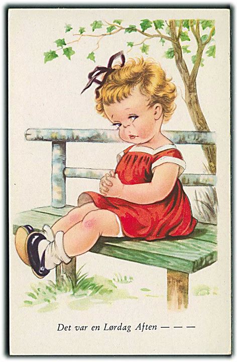 Trist pige sidder på bænk: Det var en Lørdag Aften..... Amag no. 0470.