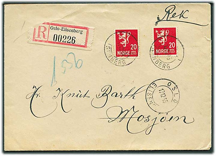 20 øre Løve (2) på anbefalet brev fra Oslo Elisenberg d. 17.12.1945 til Mosjöen. På bagsiden Postoblat.