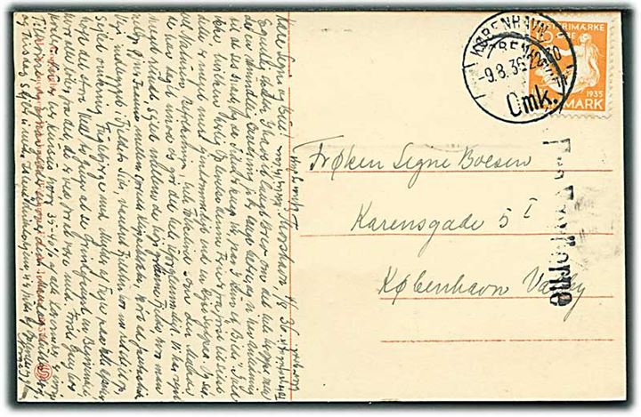 10 øre H.C.Andersen på brevkort fra Thorshavn (Tinganes) stemplet København d. 9.8.1936 og sidestemplet Fra Færøerne til København.