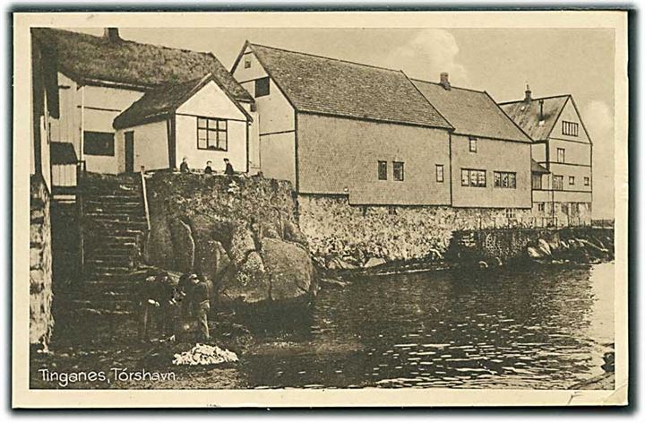 10 øre H.C.Andersen på brevkort fra Thorshavn (Tinganes) stemplet København d. 9.8.1936 og sidestemplet Fra Færøerne til København.