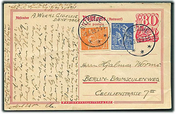 Tysk 80 pfg. svardel af dobbelt helsagsbrevkort opfrankeret med 150 pfg. og 120 pfg. annulleret med dansk brotype IIIb stempel Gilleleje d. 8.9.1922 til Berlin, Tyskland.