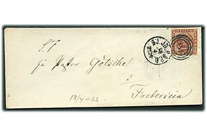 4 sk. 1858 udg. på brev annulleret med kombineret nr.stempel 181/SJ.JB.P.SP.C. d. 18.4.1862 til Fredericia.