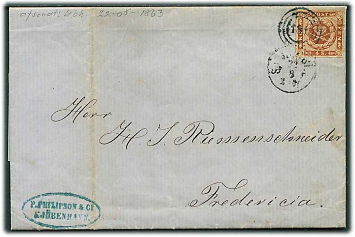 4 sk. stukken kant på brev fra Kjøbenhavn annulleret med kombineret nr.stempel 181/SJ.JB.PST. d. 22.8.1863 til Fredericia.
