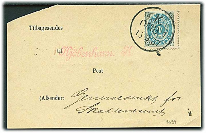 4 øre Tofarvet på del af Modtagelsesbevis stamplet K.OMB.1 d. 15.9.1887.