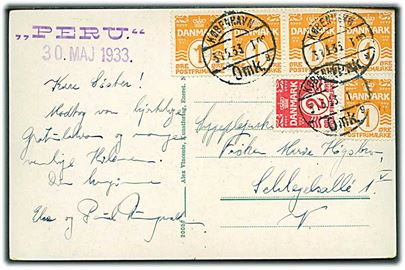 1 øre (5) og 2 øre Bølgelinie på lokalt brevkort (København Toldboden) stemplet København d. 31.5.1933. Privat skibsstempel: PERU 30. MAJ 1933.