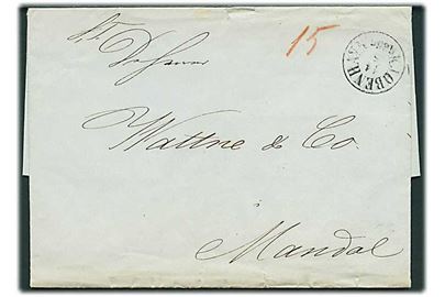 Ufrankeret portobrev med antiqua Kjøbenhavn d. 14.5.1856 til Mandal, Norge. Påskrevet 15 sk. porto.
