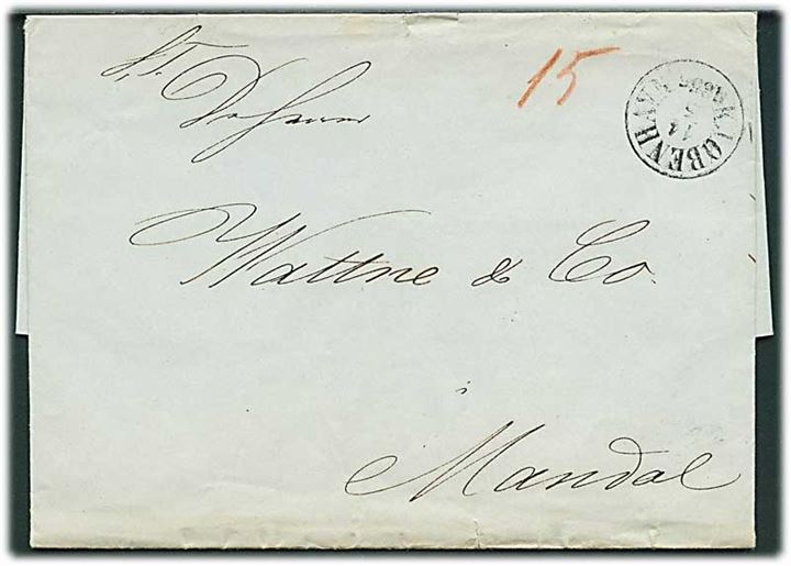 Ufrankeret portobrev med antiqua Kjøbenhavn d. 14.5.1856 til Mandal, Norge. Påskrevet 15 sk. porto.