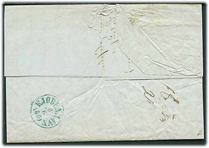 1850. Portobrev med indhold dateret i Stettin d. 4.6.1850 med blågrønt antiqua Kjøbenhavn d. 8.6.1850 til Mandal, Norge.